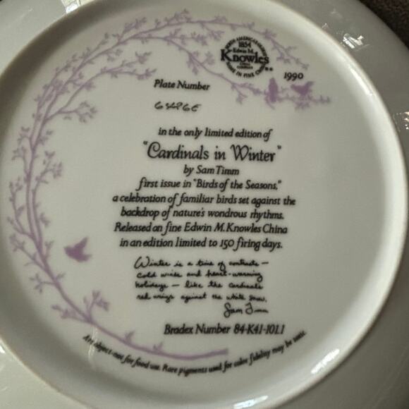 Edwin Knowles Cardinals In Winter Plate By Sam Timm Vintage China 8.5” 1990 - Picture 5 of 6
